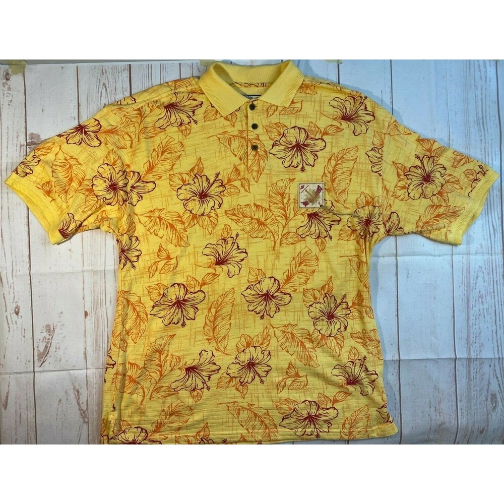 Caribbean Joe Mens Polo Shirt XL Yellow Hawaiian Floral nwt Tropical Wood butto